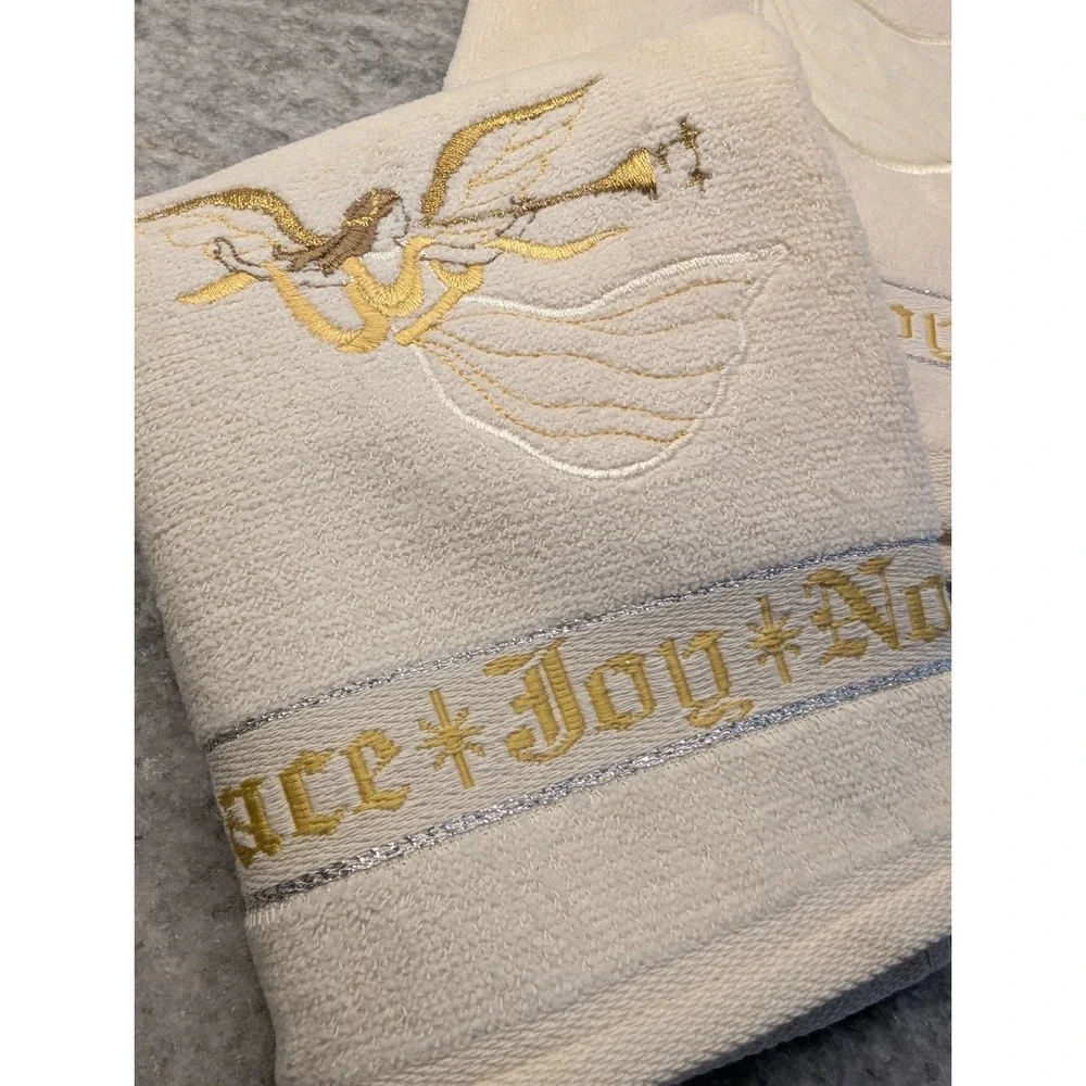 Santens Vtg Christmas Cream Towel Set -Angels, Stars Season's Greetings USA Made